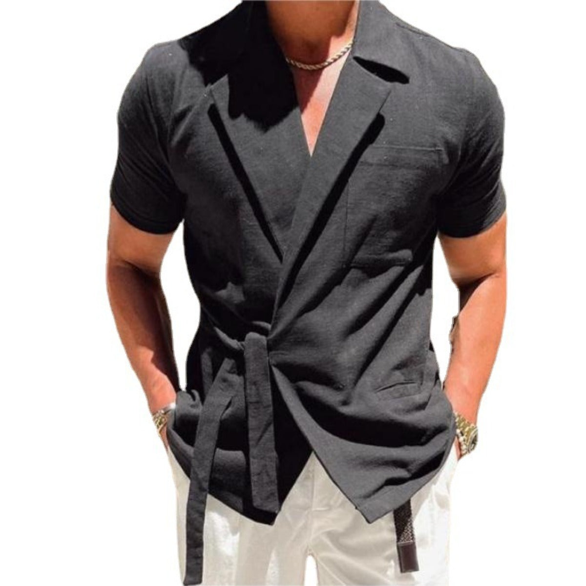 Leinen Anzug Revers Krawatte Hemd Jacke
