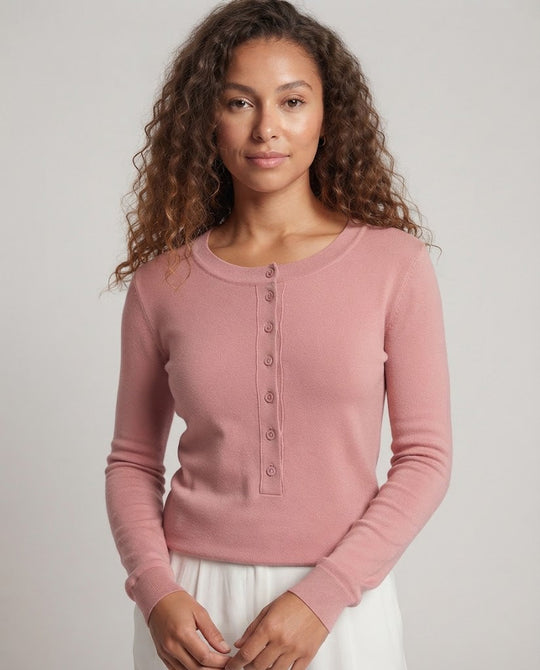 Damen Feines Langarm-Henley aus Feinstrick mit knöpfbarer Mittelblende und schmaler Passform Shop Nory