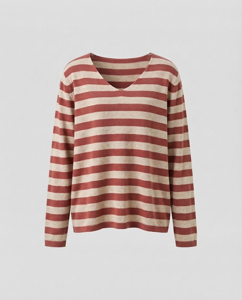 Damen Gestreifter Feinstrickpullover mit V‑Ausschnitt und lässiger Oversize‑Passform Shop Nory