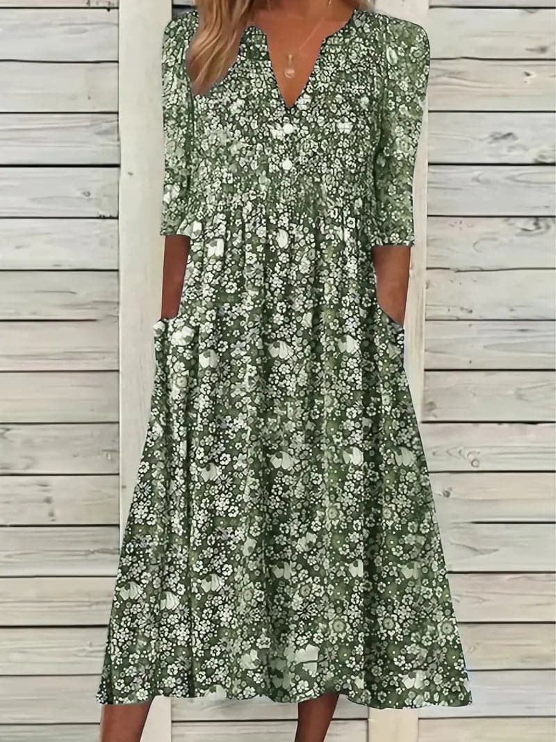 Midikleid A-Linie Passform V-Ausschnitt 3/4 Ärmel Blumenmuster