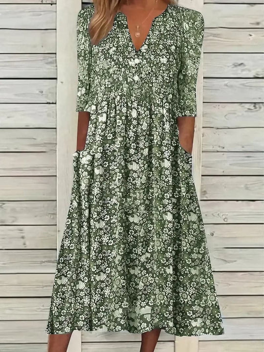 Midikleid A-Linie Passform V-Ausschnitt 3/4 Ärmel Blumenmuster