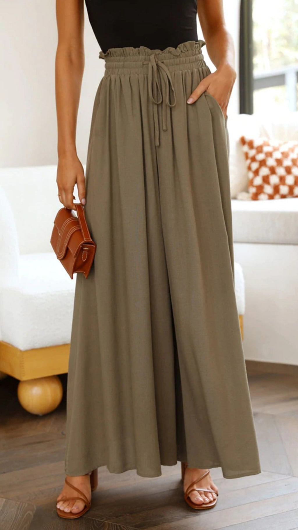 Elastischer Gürtel Weites Bein Hohe Taille Hose