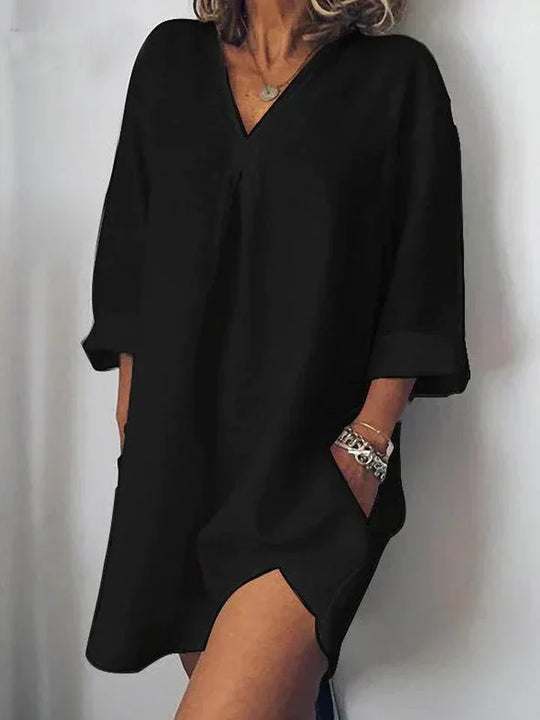 Leinenkleid V-Ausschnitt & Halbärmel