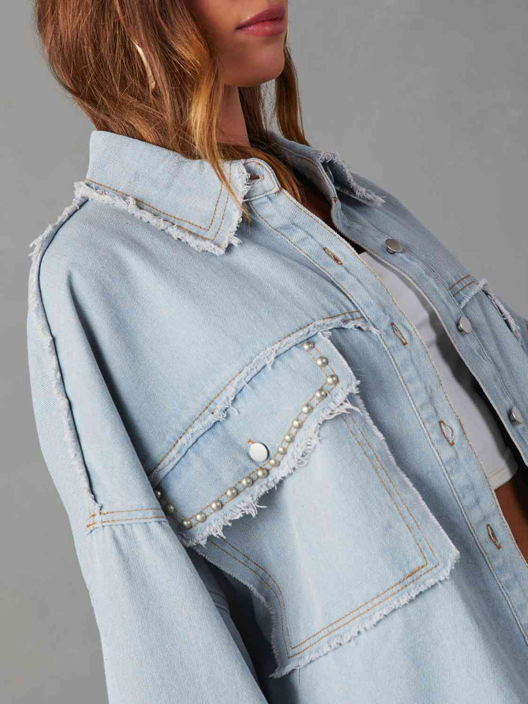 Shopnory | Button Down Raw Hem Denim Jacke