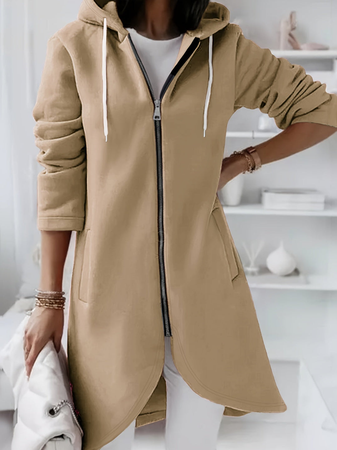 Shopnory | Reißverschluss Kordelzug Midi Kapuzenjacke