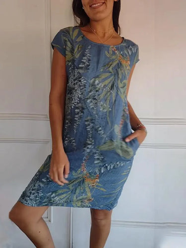 Damen Bedrucktes Baumwoll- und Leinenkleid