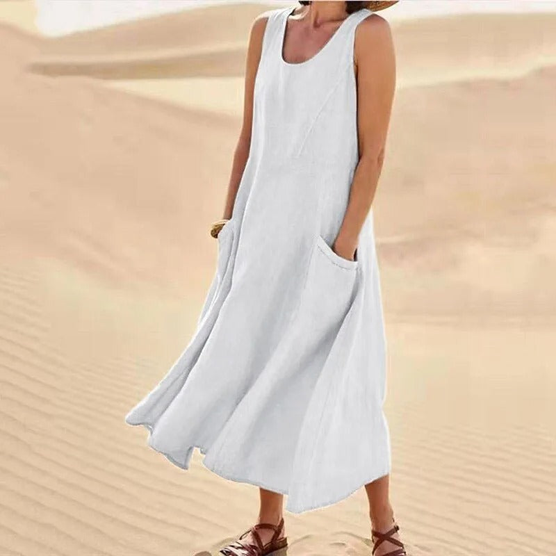Leinen-Baumwoll-Ärmelloses Kleid für Frauen