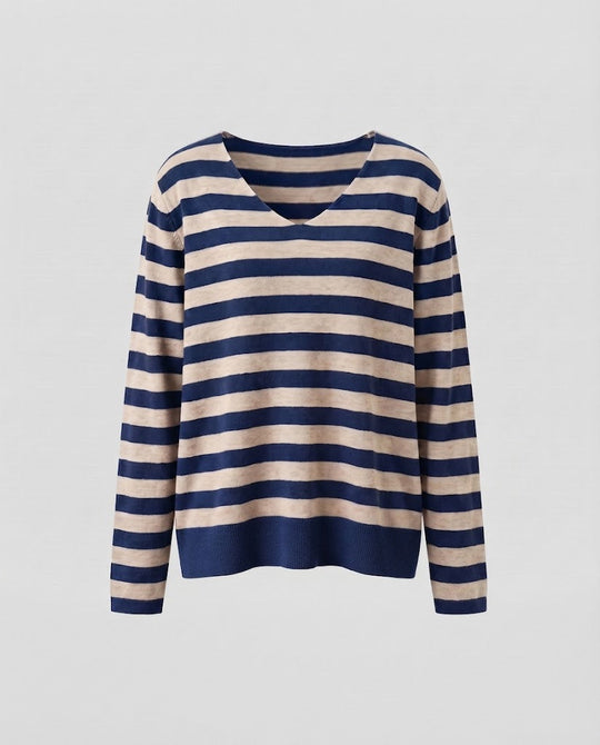 Damen Gestreifter Feinstrickpullover mit V‑Ausschnitt und lässiger Oversize‑Passform Shop Nory