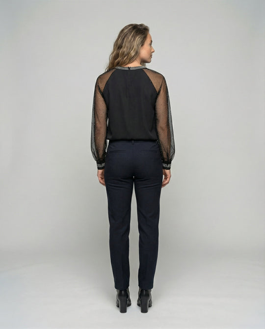 ShopNory Damen Mesh-Bluse mit Strassbesatz und transparenten Ärmeln