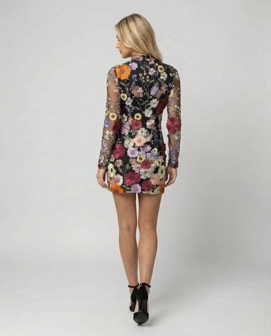 Minikleid mit floralen Applikationen und durchscheinender Optik