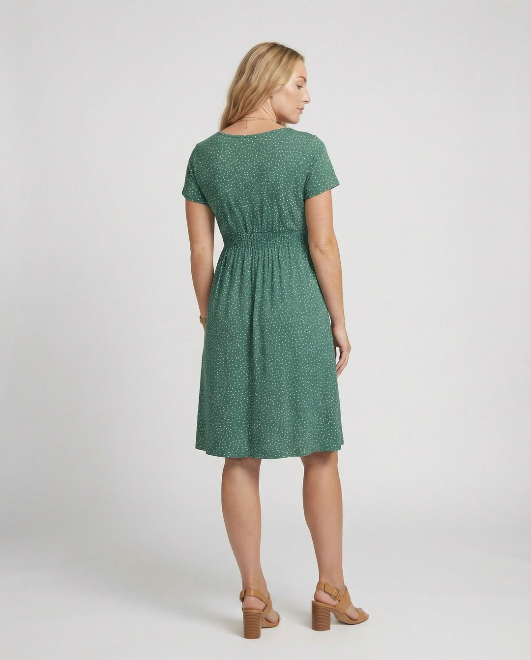 Damen Elegantes Grünes Midikleid mit Punktmuster & Kurzen Ärmeln