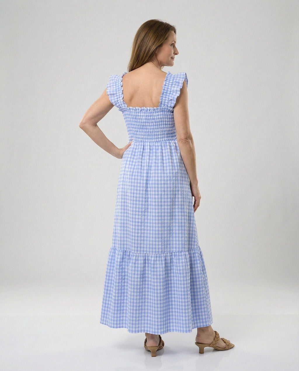 Damen Vichy Maxikleid mit Smokoberteil