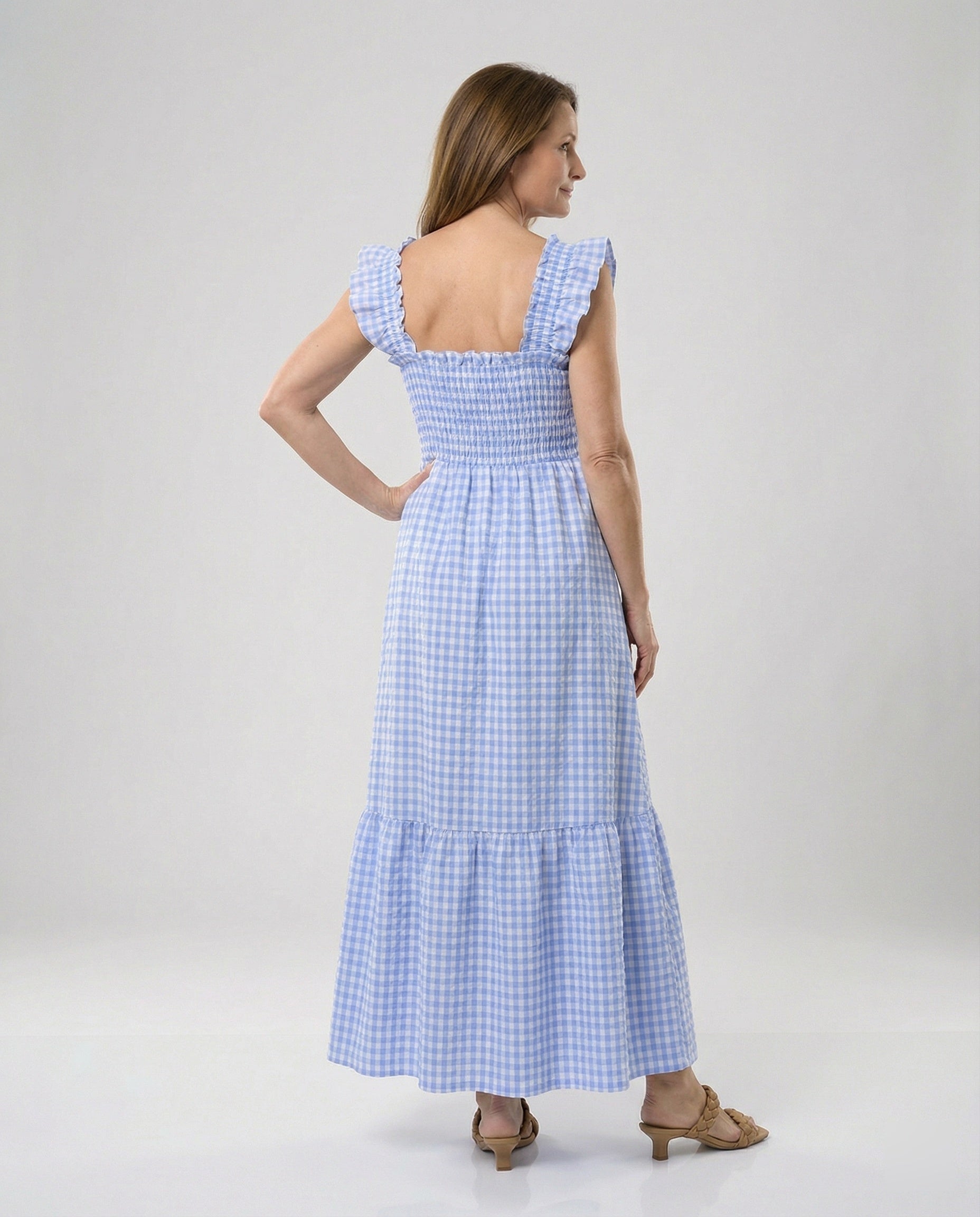 Damen Vichy Maxikleid mit Smokoberteil