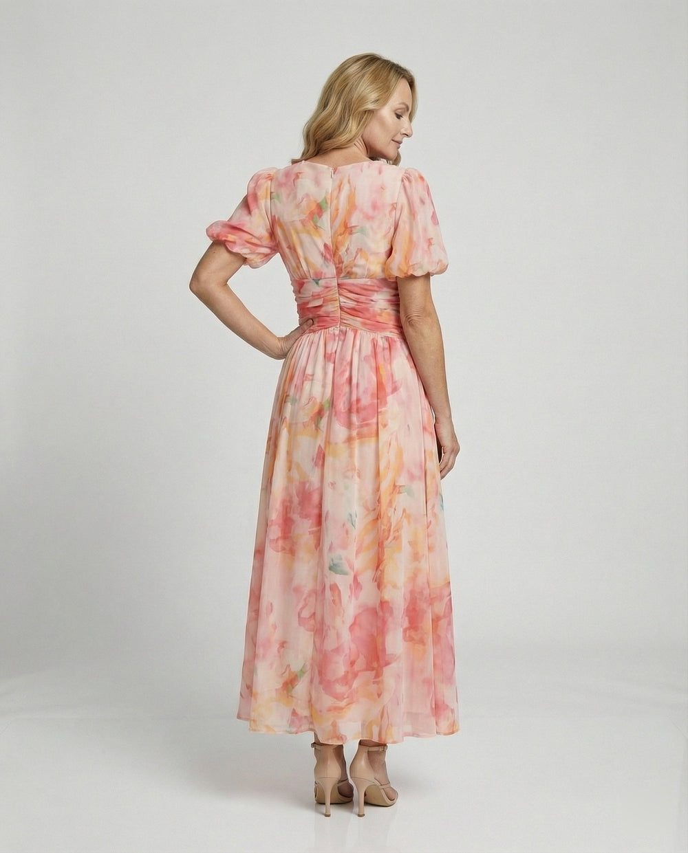Damen Wickel-Maxikleid mit Puffärmeln
