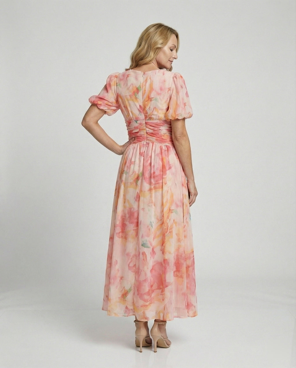 Damen Wickel-Maxikleid mit Puffärmeln