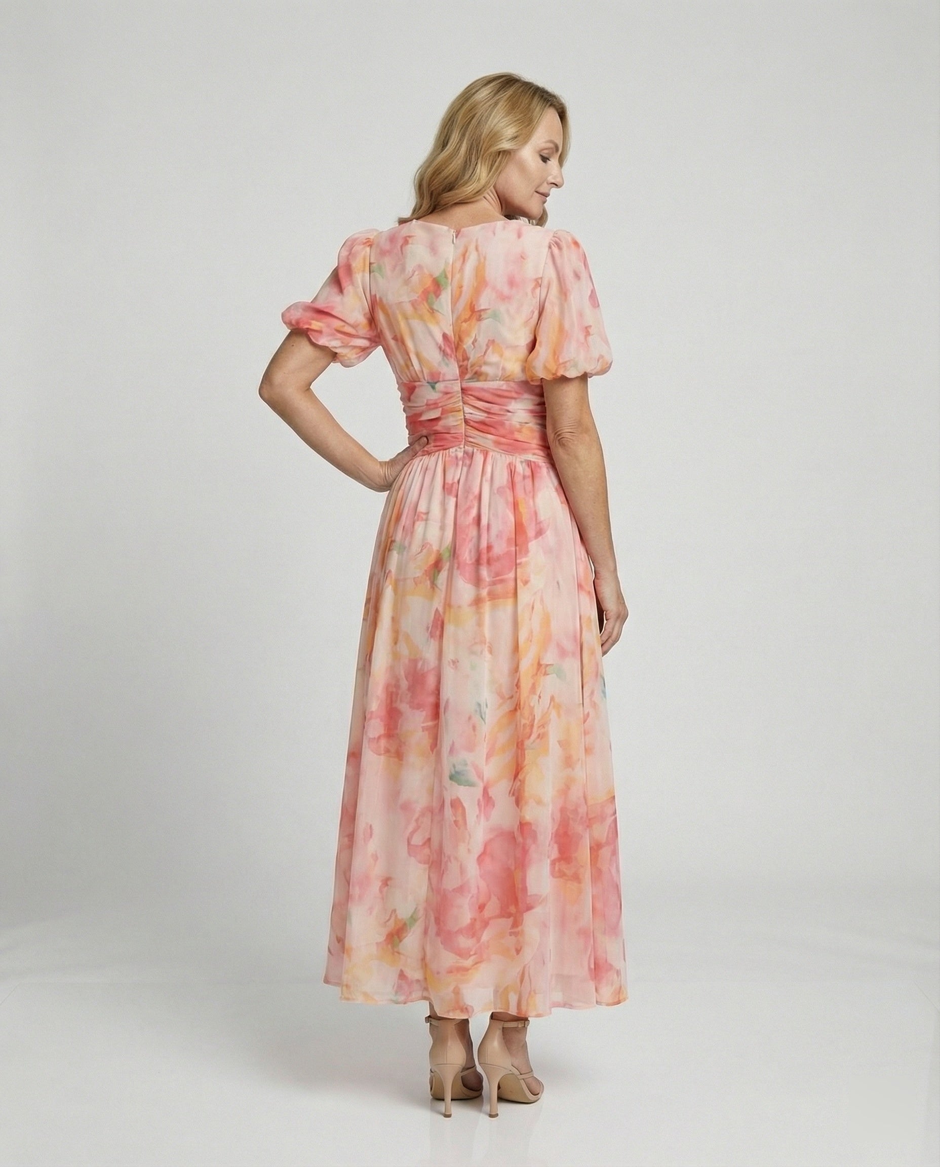 Damen Wickel-Maxikleid mit Puffärmeln