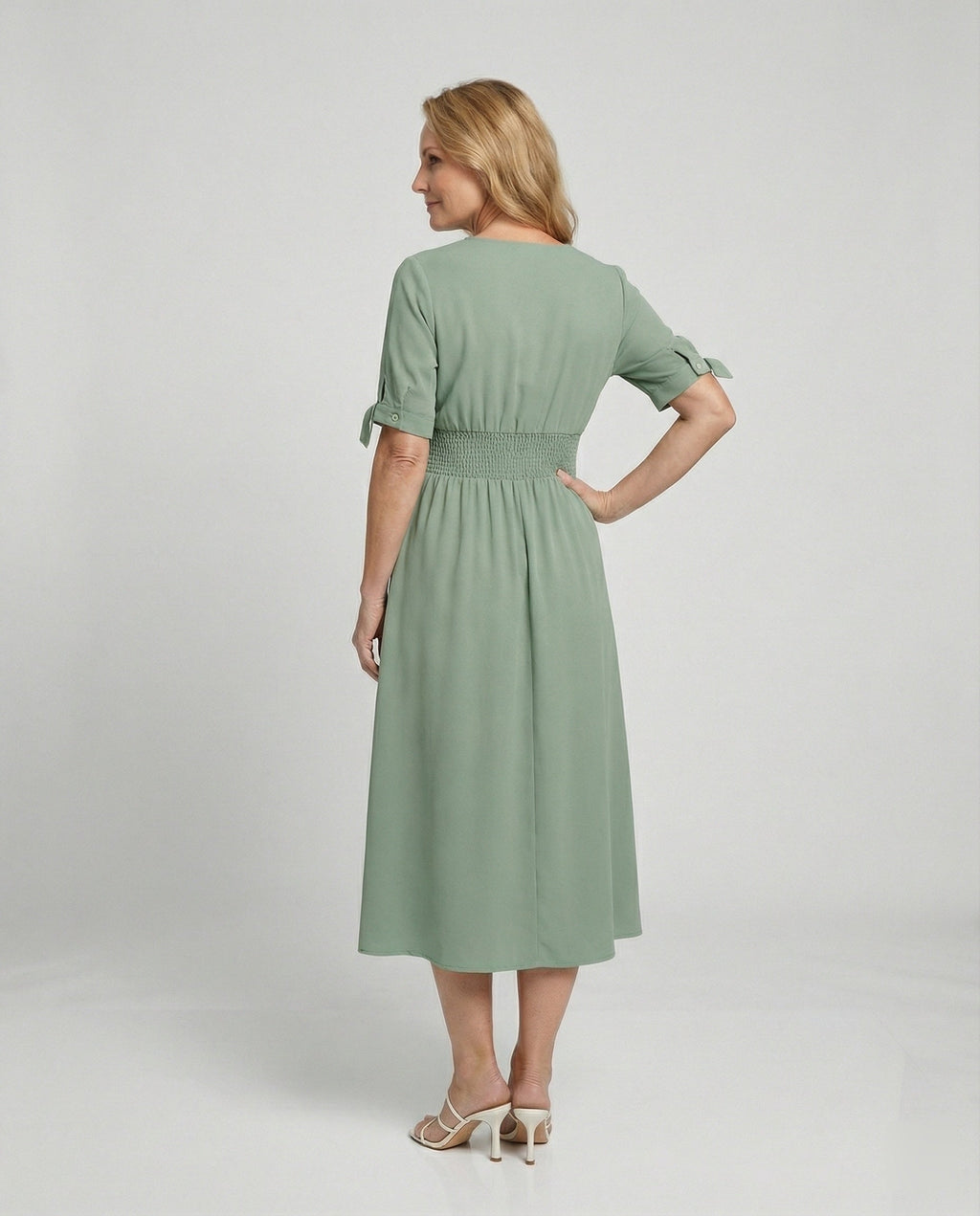 Damen Midikleid V-Ausschnitt mit Knopfleiste