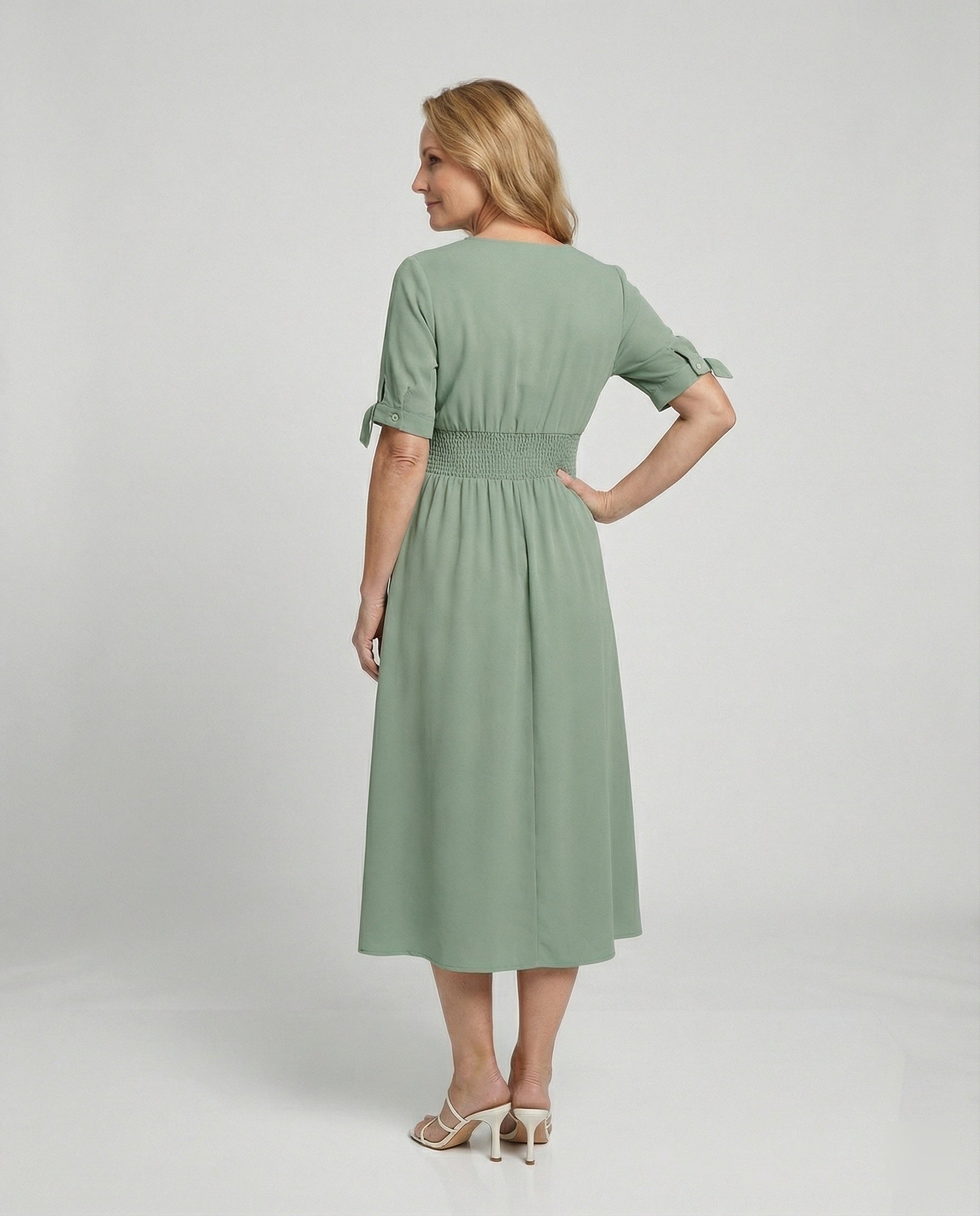 Damen Midikleid V-Ausschnitt mit Knopfleiste