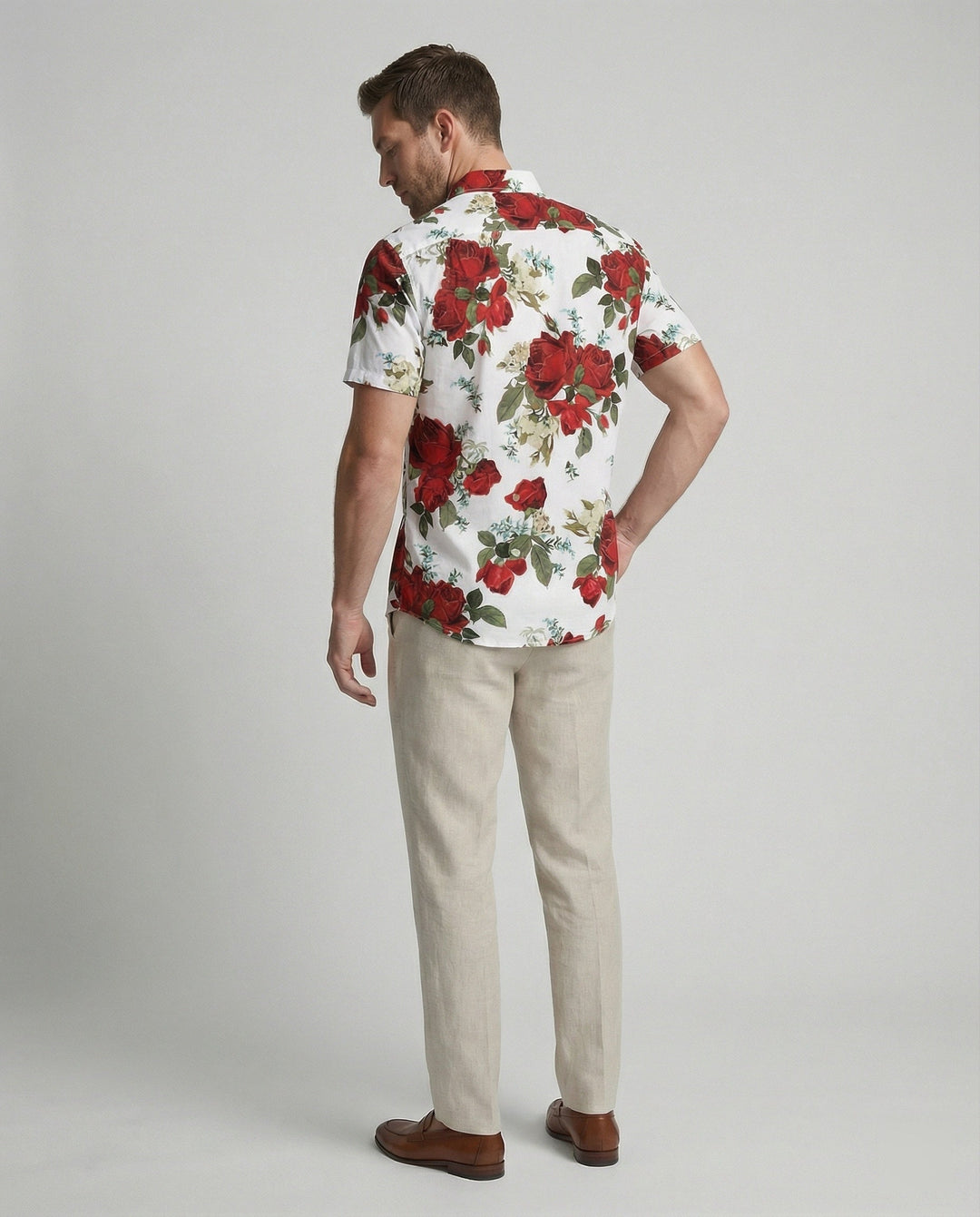Kurzarmhemd Herren Blumenmuster Leinenoptik
