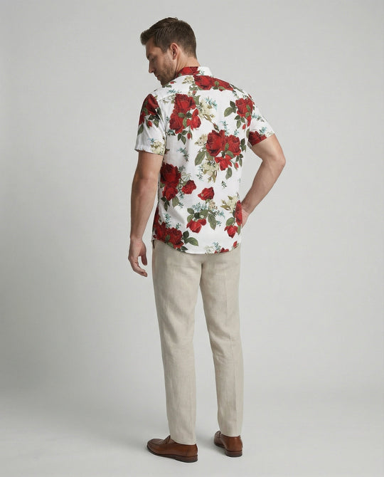 Kurzarmhemd Herren Blumenmuster Leinenoptik