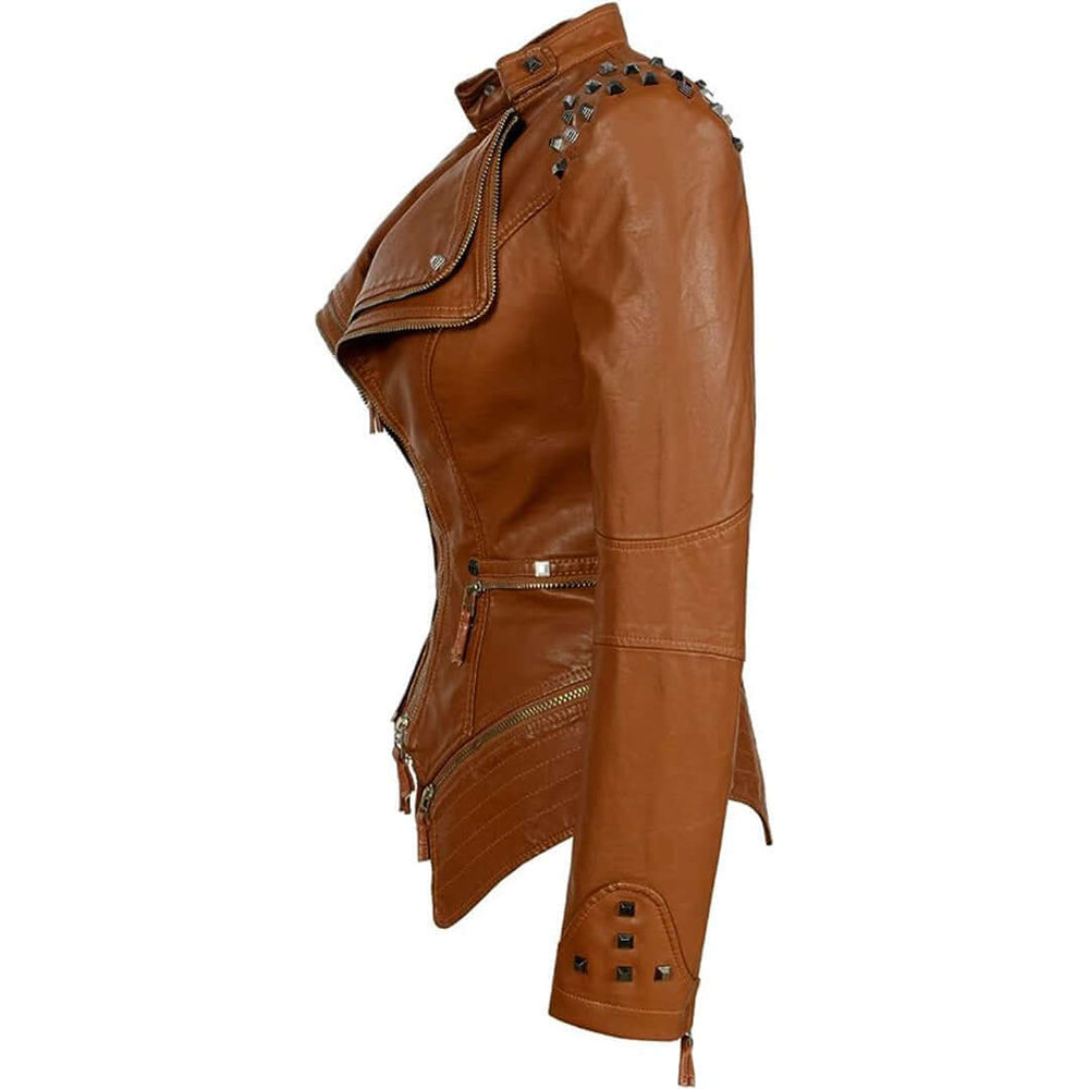 Damen Enganliegende Genietete Biker Lederjacke