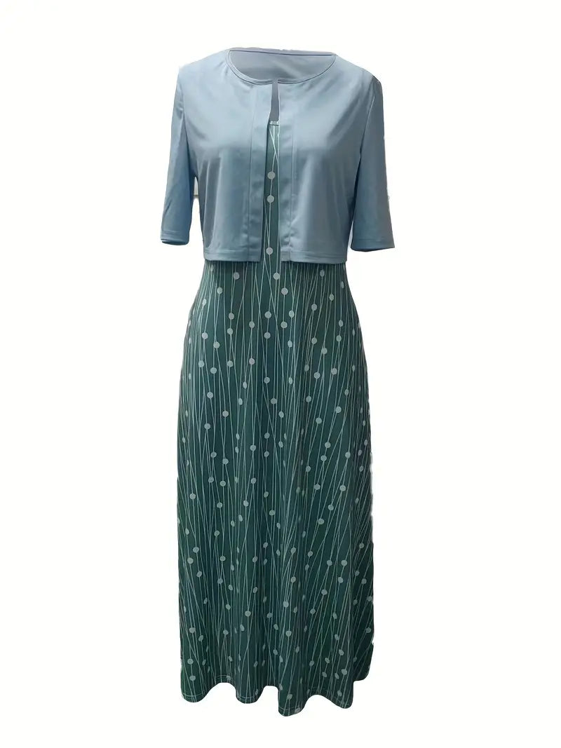 elegantes zweiteiliges Blumenkleid-Set mit einfarbigem Crop-Top und Kleid mit Rundhalsausschnitt