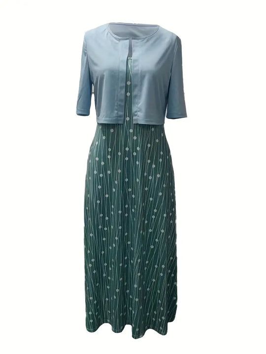 elegantes zweiteiliges Blumenkleid-Set mit einfarbigem Crop-Top und Kleid mit Rundhalsausschnitt