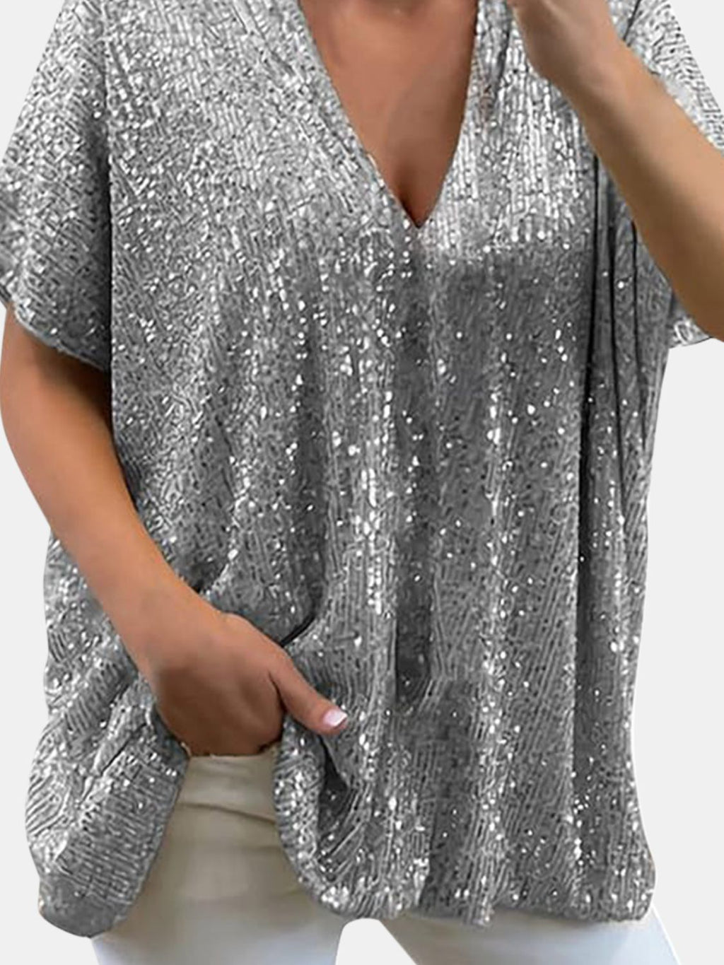 Top mit Kurzen Ärmeln und Paillettenkragen
