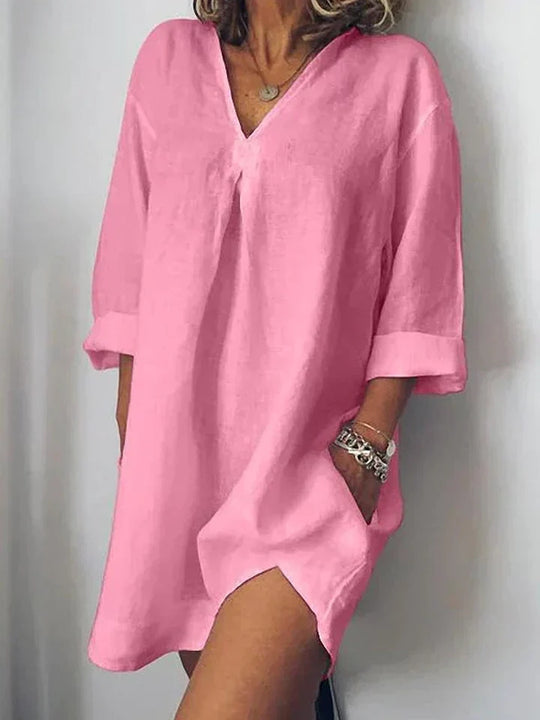 Leinenkleid V-Ausschnitt & Halbärmel