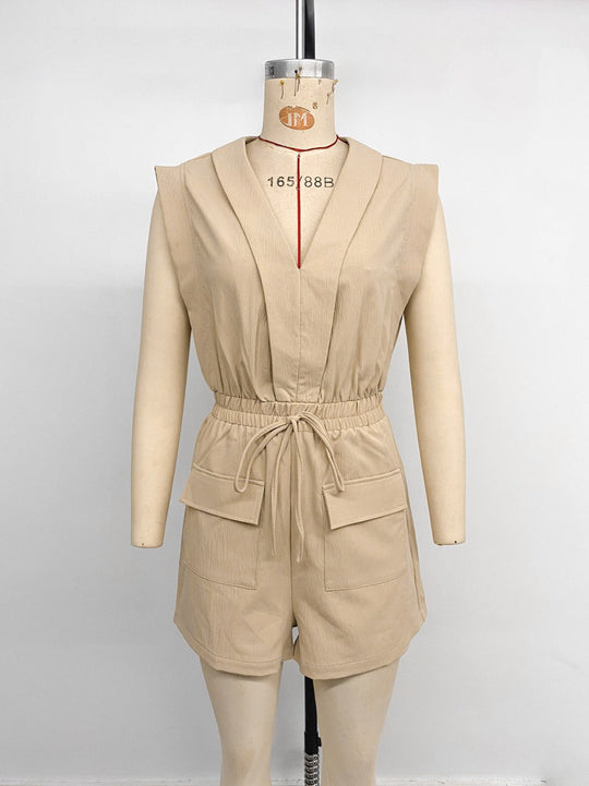 Kordelzug Tasche V-Ausschnitt einfarbig Jumpsuit Shorts