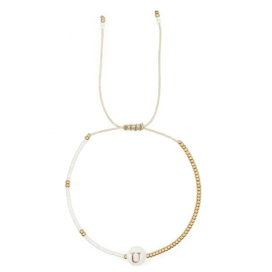 Boho Weiß & Gold Perlen Buchstaben Initial Perlen Armbänder