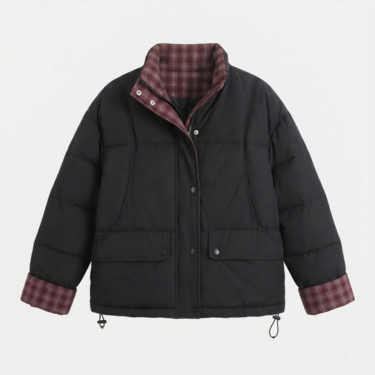 Damen kurze gepolsterte Boxy-Blouson mit kariertem Futter, hohem Kragen und aufgesetzten Klappentaschen