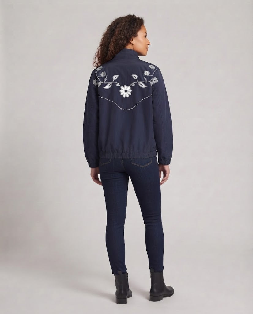 Damen Bestickte leichte Übergangsjacke mit Reißverschluss und Blumendetail Shop Nory