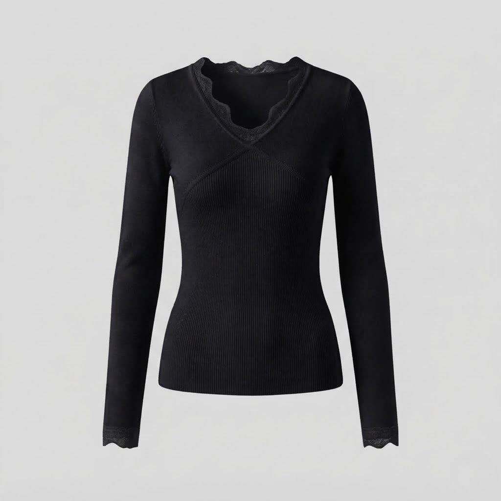 Damen figurbetont feiner Strickpullover mit Spitzen-V-Ausschnitt und langen Ärmeln Shop Nory