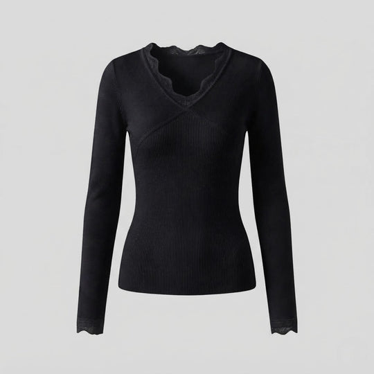 Damen figurbetont feiner Strickpullover mit Spitzen-V-Ausschnitt und langen Ärmeln Shop Nory