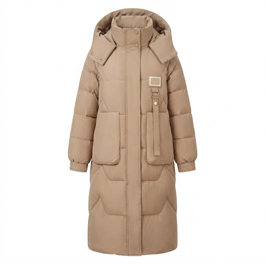 Damen Lange Thermo Steppjacke mit Übergroßer Kapuze und Windschutz Shop Nory