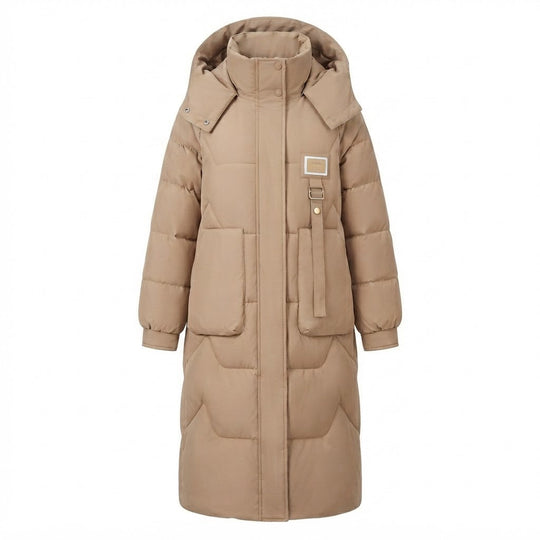 Damen Lange Thermo Steppjacke mit Übergroßer Kapuze und Windschutz Shop Nory