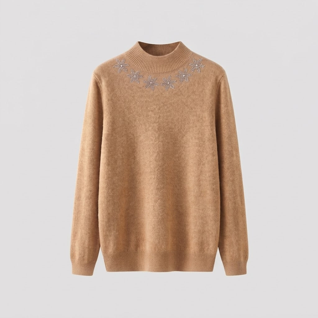 Damen Feinstrick-Mockneckpullover mit funkelnder Blüten-Strassapplikation Shop Nory