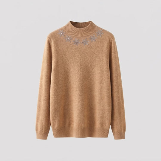 Damen Feinstrick-Mockneckpullover mit funkelnder Blüten-Strassapplikation Shop Nory
