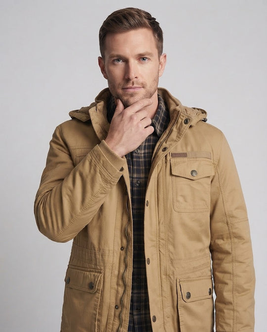 Herren warmer Canvas-Parka mit Teddyfutter Kapuze und Mehrfachtaschen Shop Nory