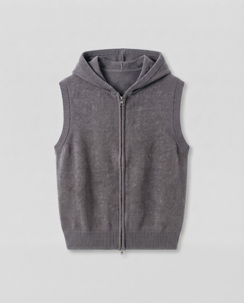 Damen Ärmellose Strickweste mit Kapuze und Reißverschluss Shop Nory