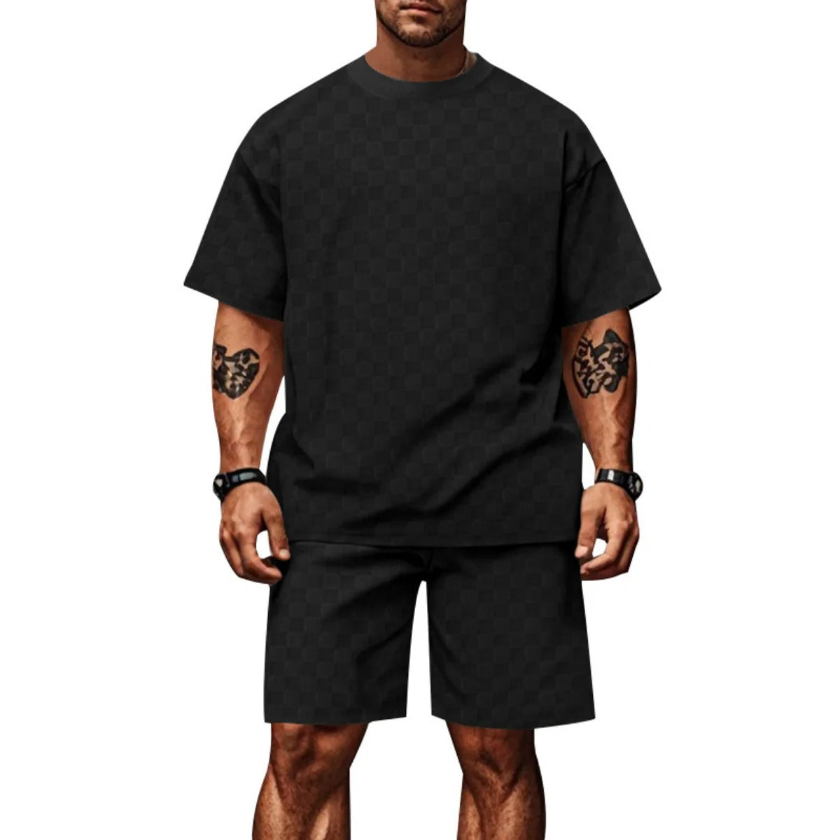 Schachbrettmuster Kurzarm-Shorts-Set