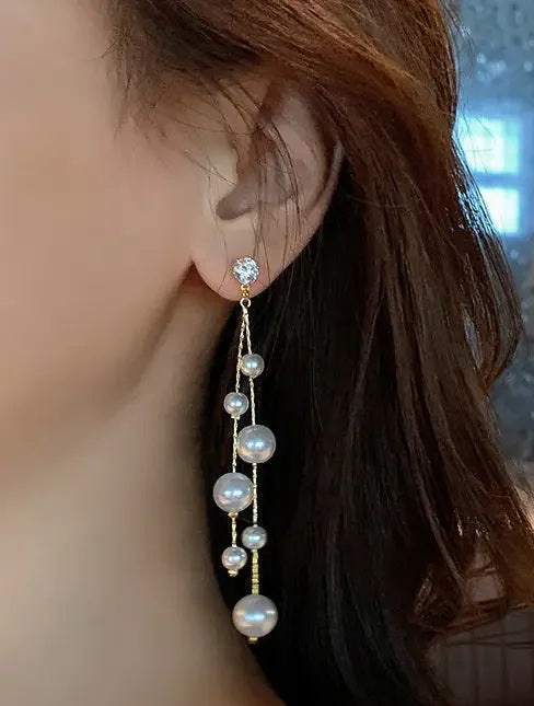 Damen goldbeschichtete simulierte Perlen Doppelperlen lange hängende Stud Ohrringe | Shop Nory