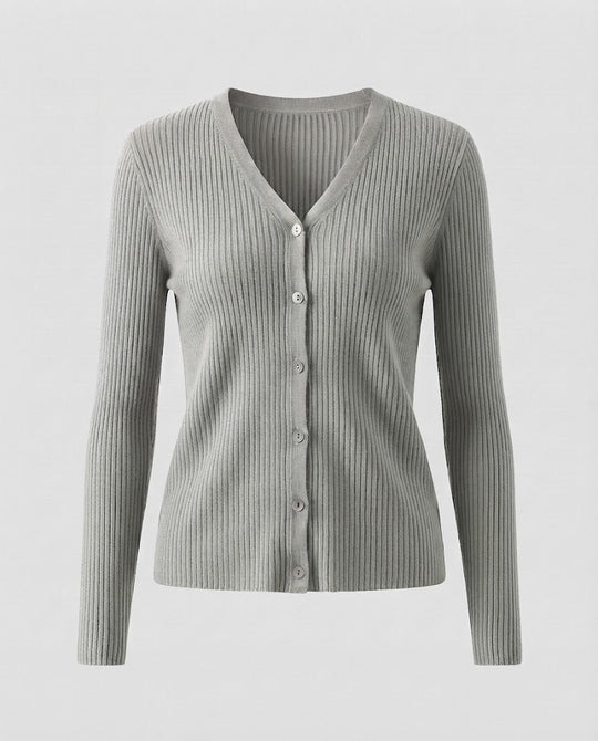 Damen Feiner gerippter V‑Neck-Cardigan aus Kaschmir‑Optik mit stretchiger Rippstruktur und Perlmuttknöpfen Shop Nory