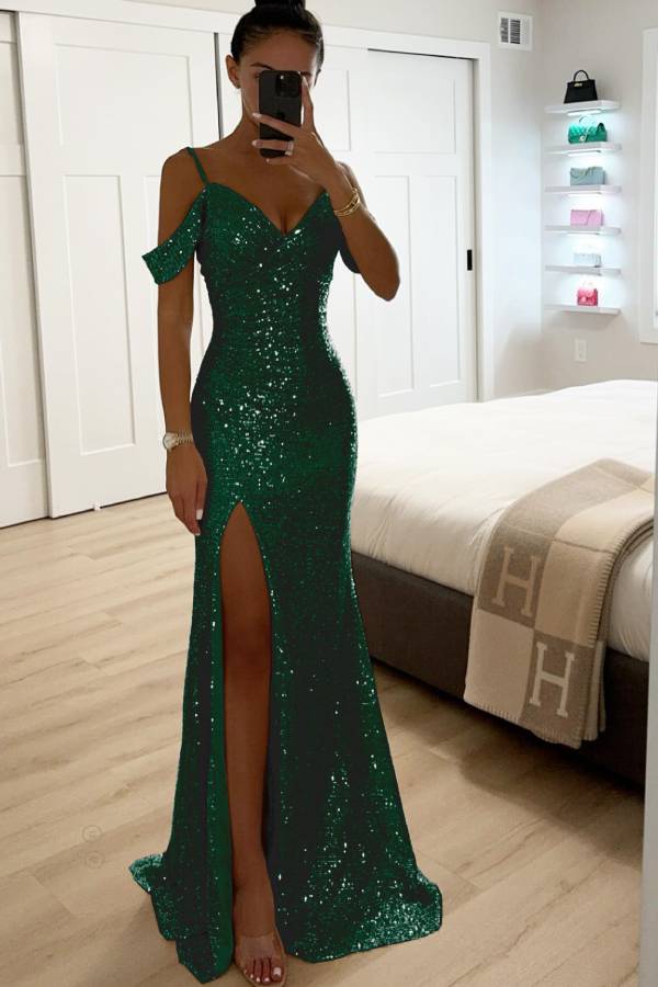 Paillettenspitze Meerjungfrau Abschlussballkleider mit Schlitz Off-Shoulder Abendkleid