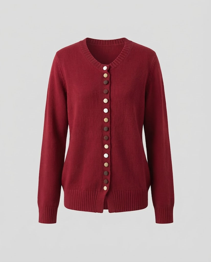 Damen Feiner V-Ausschnitt-Cardigan mit mehrfarbigen Zierknöpfen und geripptem Saum Shop Nory