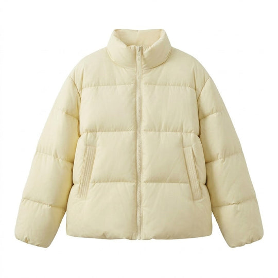 Damen kurze voluminöse gepolsterte Jacke mit hohem Schalkragen, Zwei-Wege-Reißverschluss und verdeckten Seitentaschen