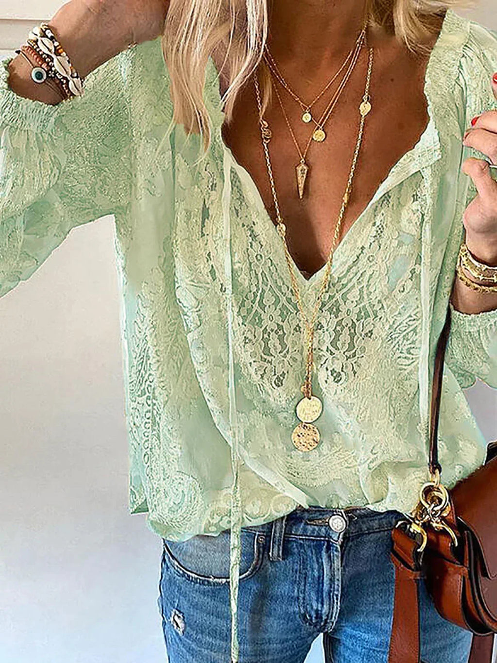 V-Ausschnitt Spitzen Chiffon Bluse