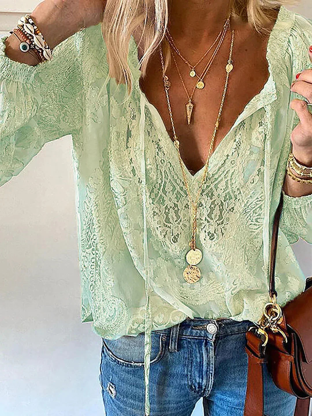 V-Ausschnitt Spitzen Chiffon Bluse