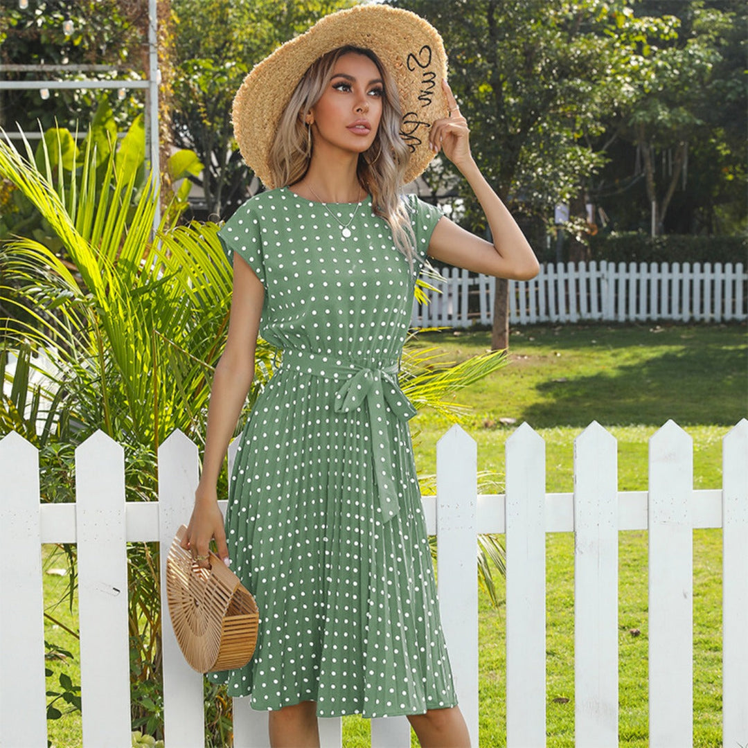 Kurzärmeliges Polka Dot Plissee-Kleid